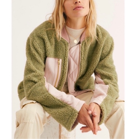 Free People Rivington Sherpa Jacket Green Pink - Picture 2 of 14